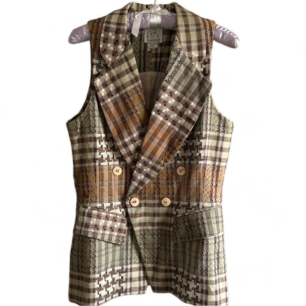 Gantos Women's Patchwork Plaid Double-Breasted Vest in Olive & Tan - Picture 13 of 13